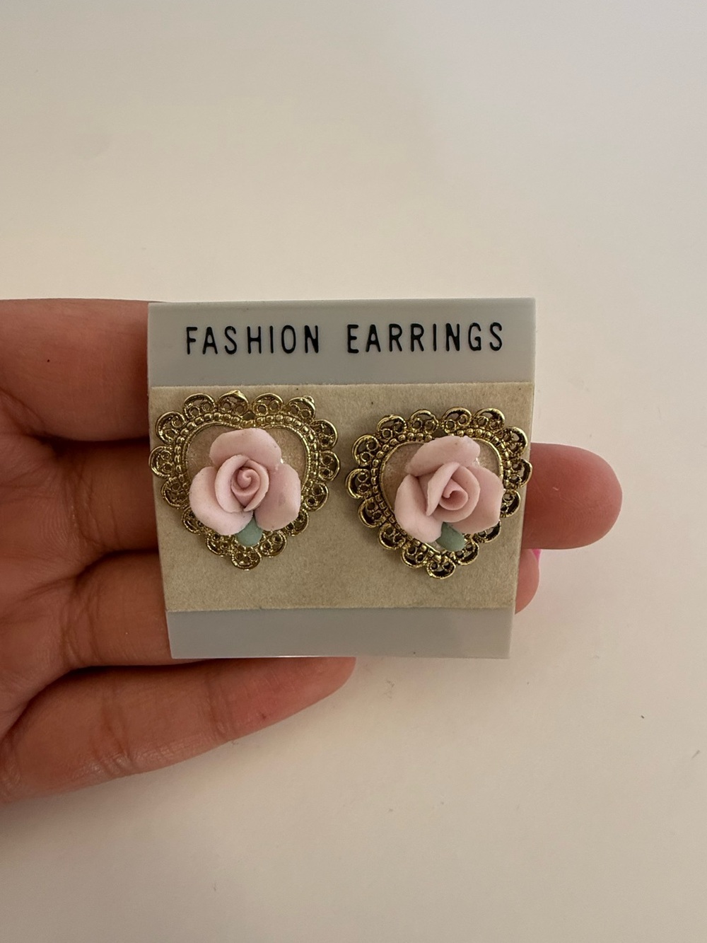 Vintage 1928 Jewelry Co. Pink Porcelain Rose Filigree Heart Stud Earrings